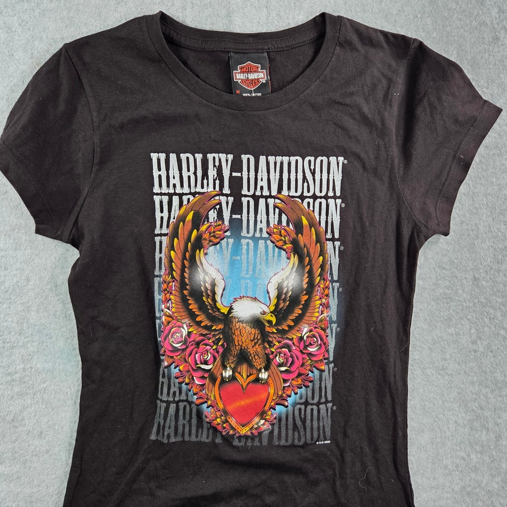 Harley-Davidson Graphic T-Shirt Juniors Medium Black Eagle Heart Glow 2009 NEW